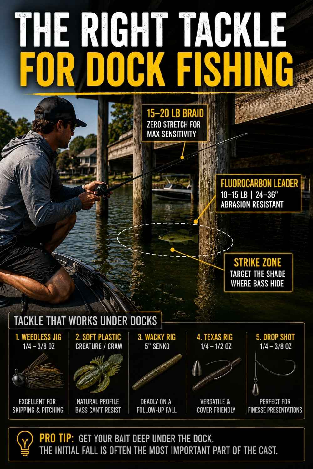 Dock fishing tackle guide comparing rod, line and lure setups for skipping, finesse and power presentations