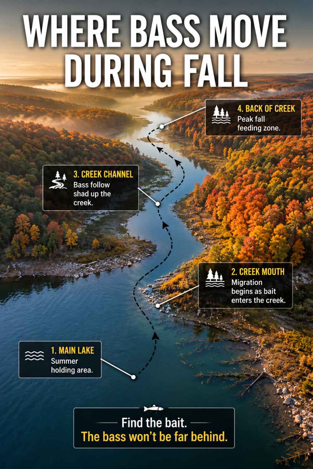 Fall creek migration map showing bass moving from main-lake points to creek mouths and the backs of creek arms as water cools