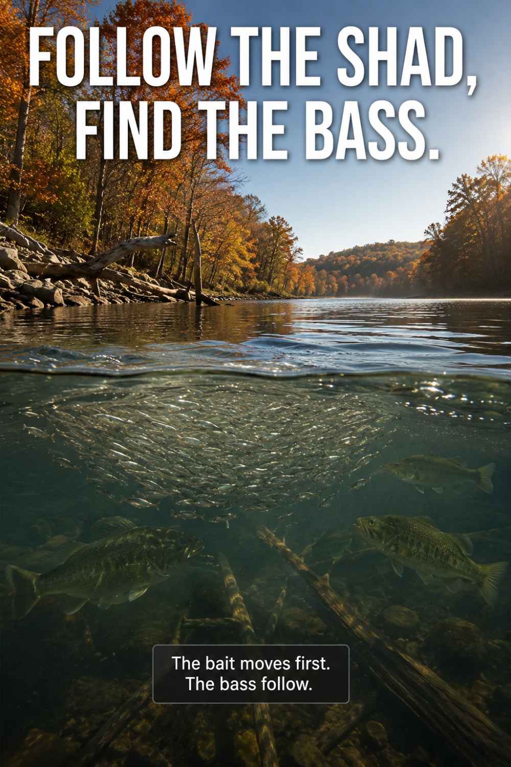 Follow the shad in fall — bass tracking migrating threadfin shad schools into creek arms during autumn cooling water