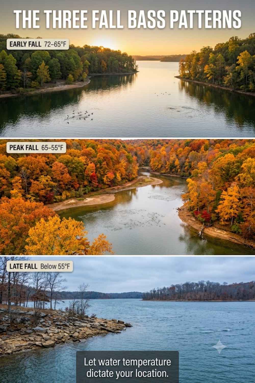 Three fall bass fishing windows — early fall topwater, peak fall lipless crankbait and squarebill, and late fall jerkbait patterns by water temperature