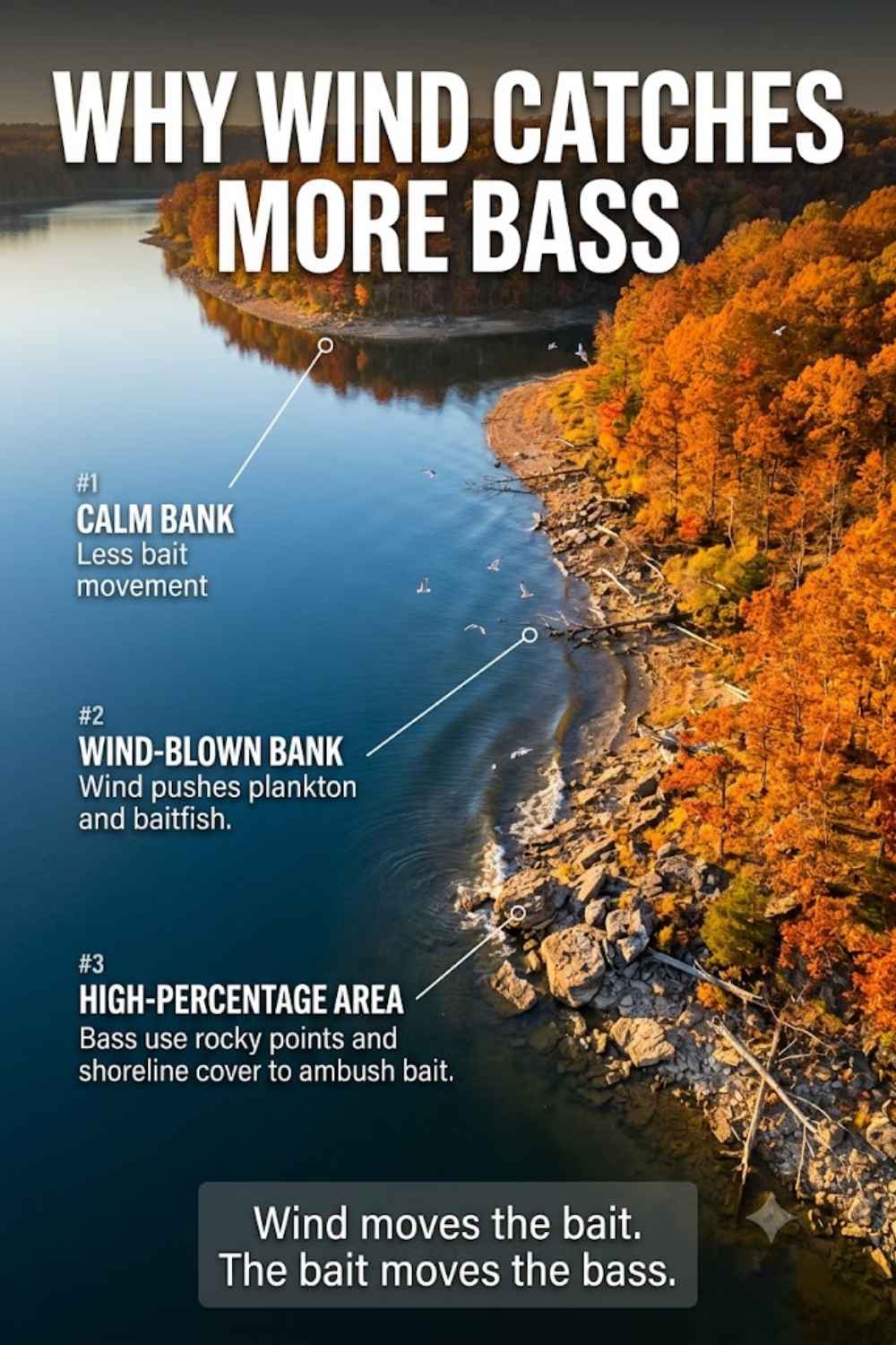 Wind-blown banks in fall — how wind stacks plankton and shad to position bass for lipless crankbait and spinnerbait retrieves