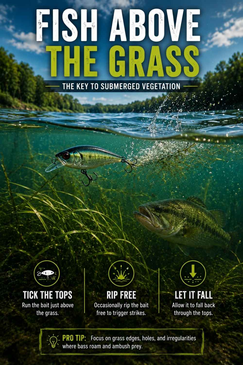 Diagram showing a lipless crankbait fished just above submerged grass tops for bass