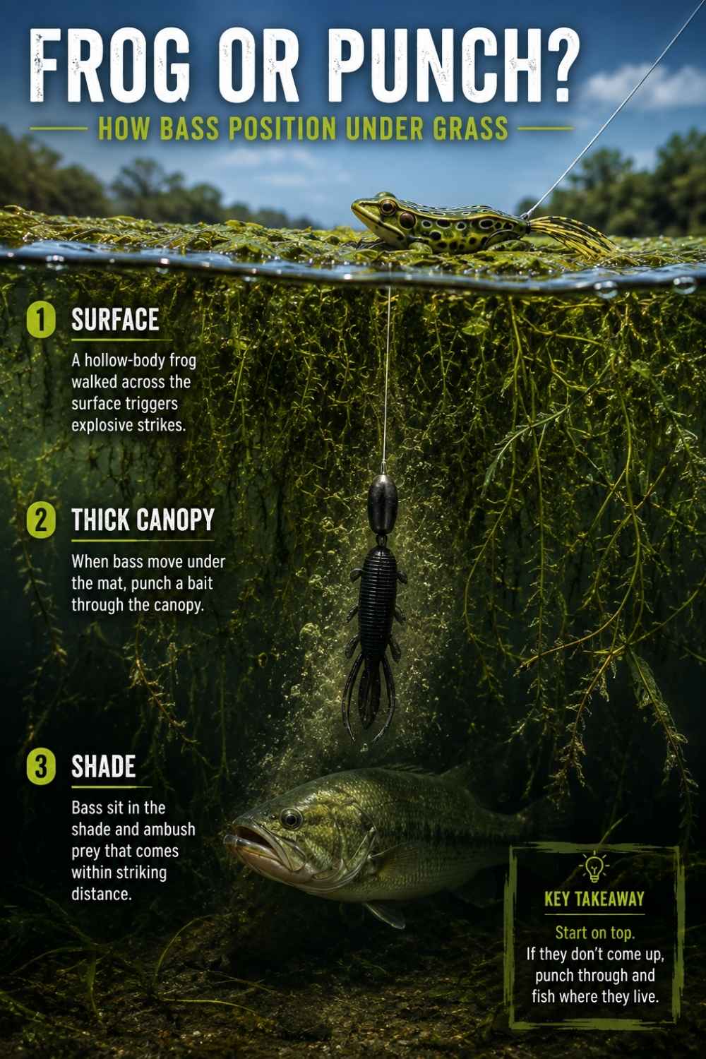 Decision graphic comparing when to throw a hollow-body frog versus punching a mat for bass