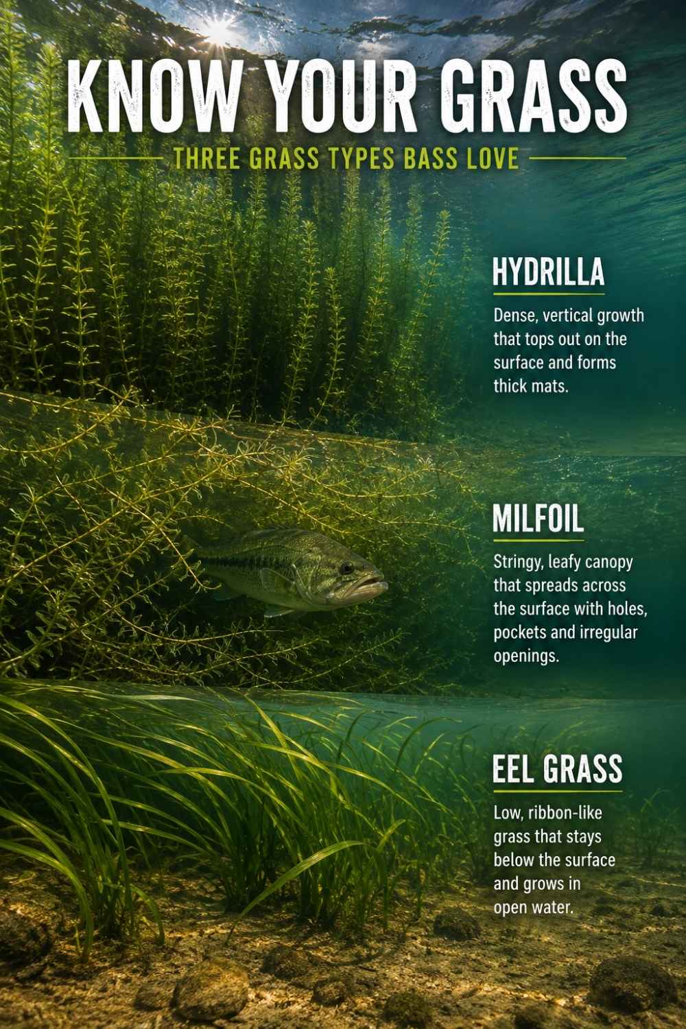 Illustration of hydrilla, milfoil, eel grass and lily pads and how bass relate to each