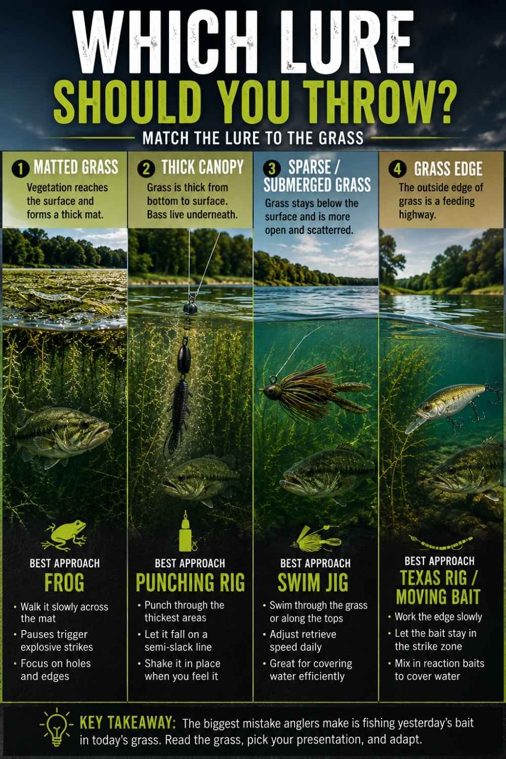 Chart matching bass lure choice to grass type, water clarity and cover density