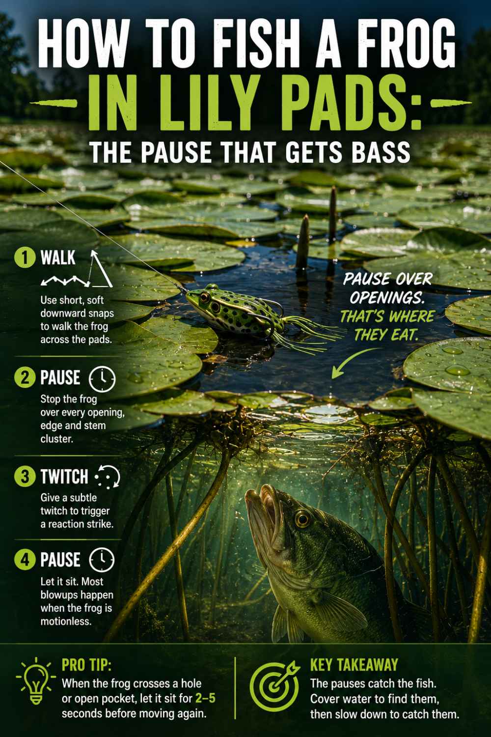 How to walk a hollow-body frog through lily pads with pauses over open holes