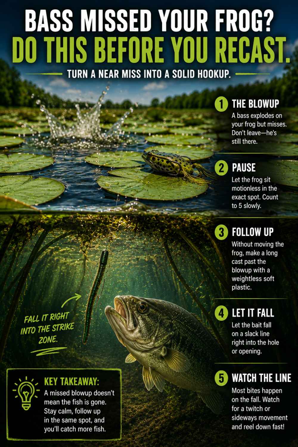 Follow-up bait strategy after a missed frog blowup in lily pads using a weightless soft plastic