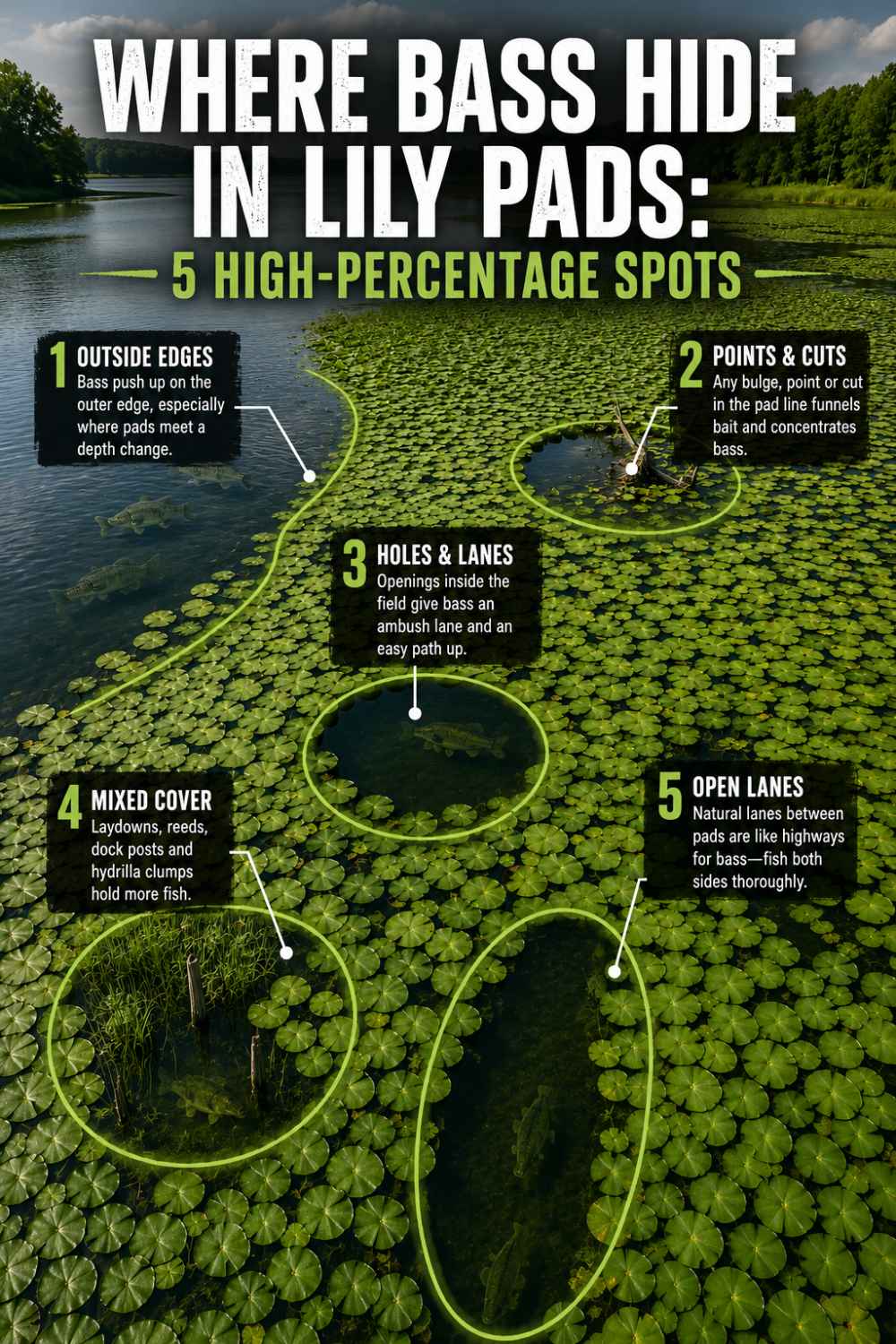 Diagram of where bass position in a lily pad field, including outside edges, interior holes and pad points