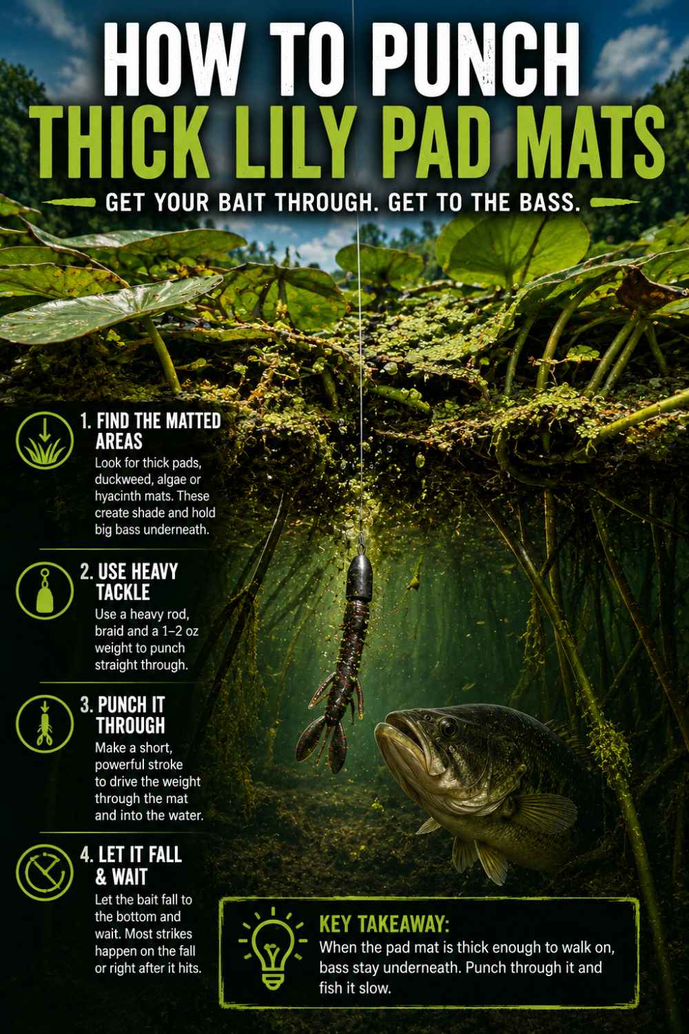 Punching rig with a pegged tungsten weight dropping through matted lily pads to bass holding underneath