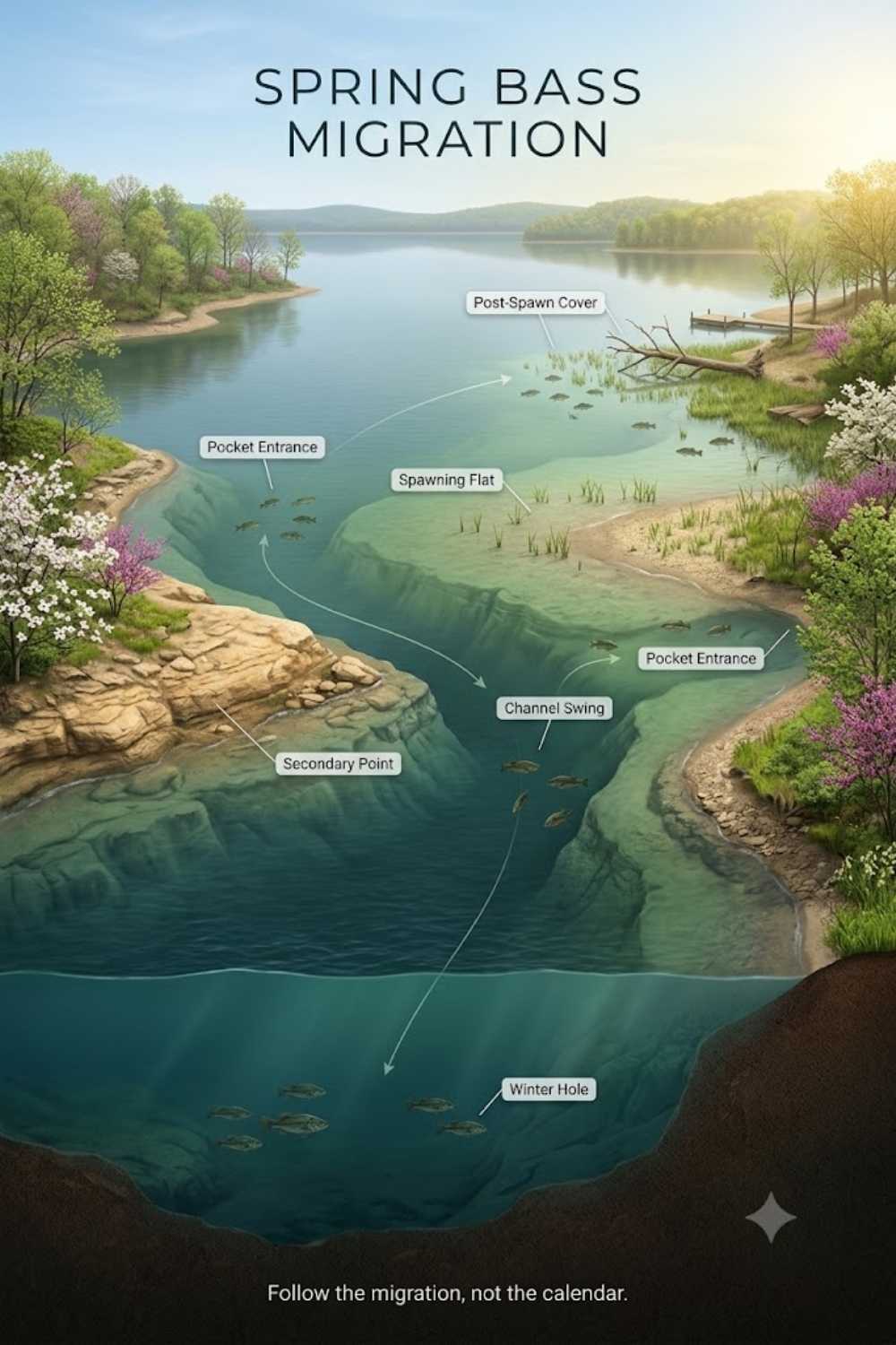 Spring bass migration route from winter holes through secondary points to spawning flats