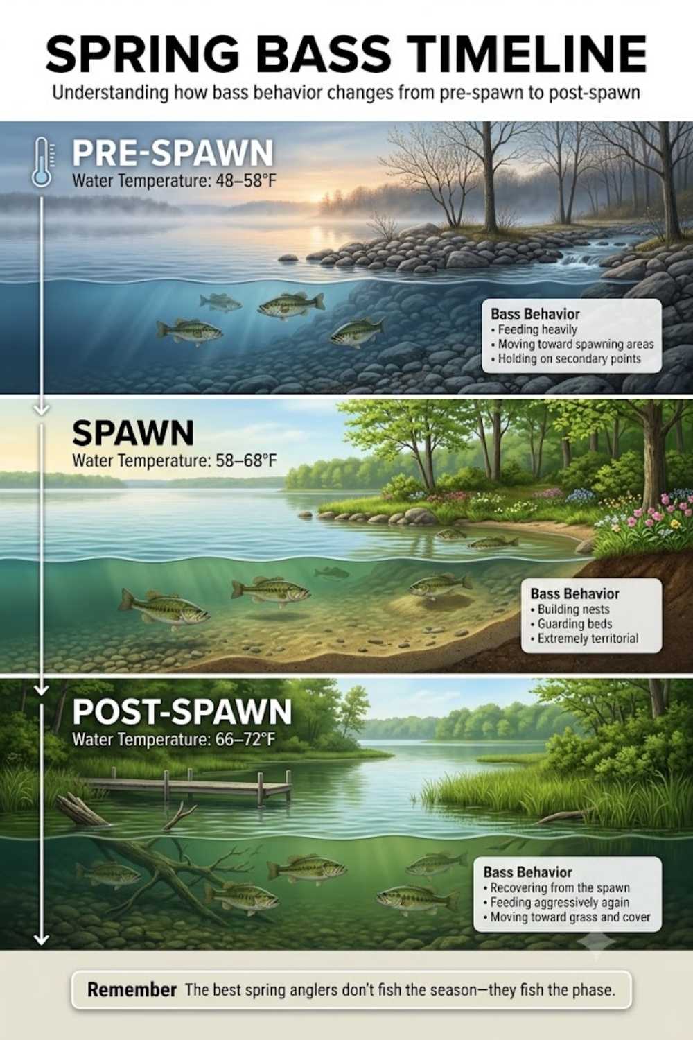 Best bass lures by spring phase — pre-spawn jerkbaits and lipless cranks, spawn Senkos and swim jigs, post-spawn squarebills and chatterbaits
