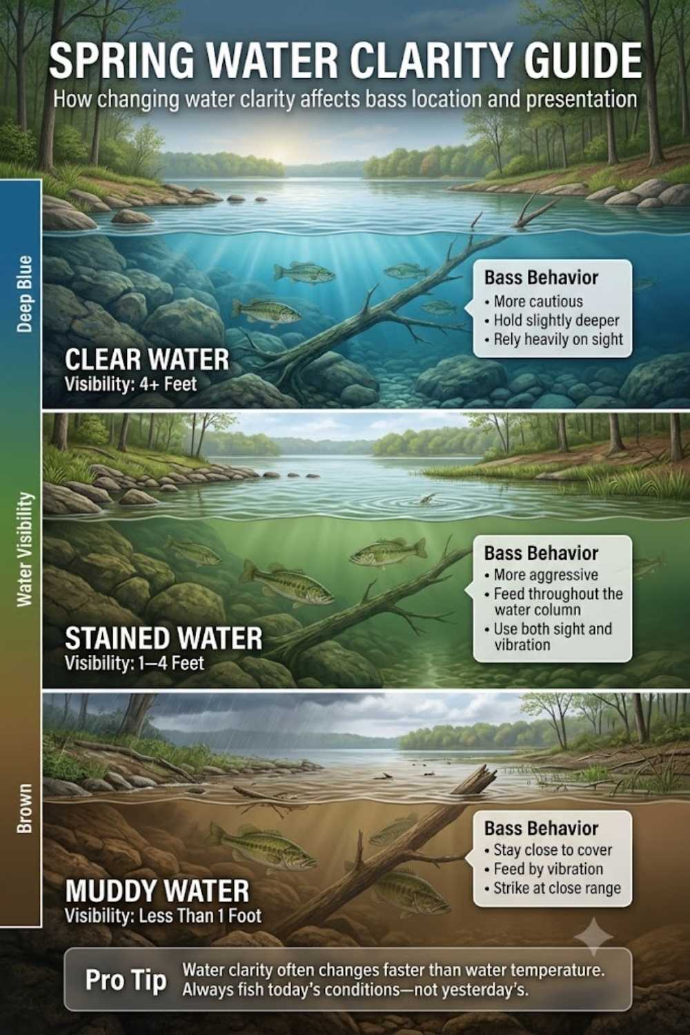 Spring bass lure color selection by water clarity — clear, stained, and muddy water color guide