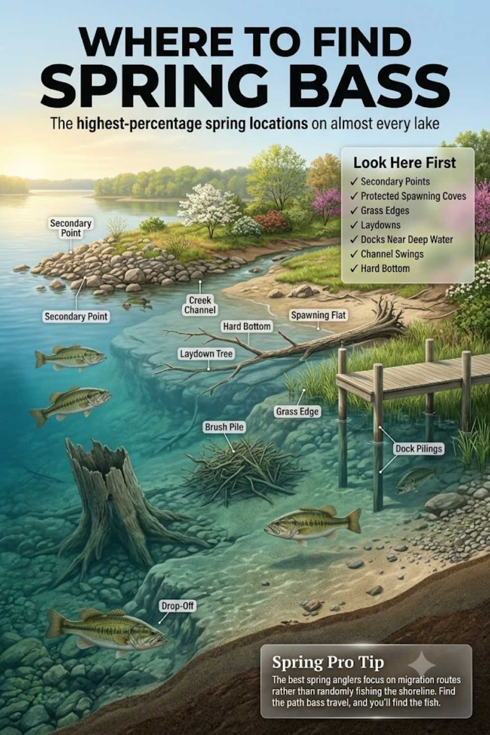 Where to find spring bass — staging structure, hard-bottom spawning flats, and post-spawn recovery cover