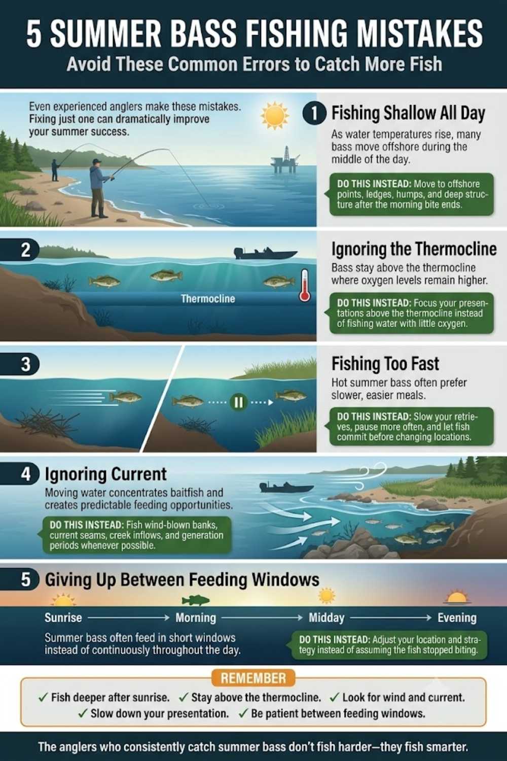 Common summer bass fishing mistakes — fishing shallow all day, ignoring the thermocline, and giving up between feeding windows