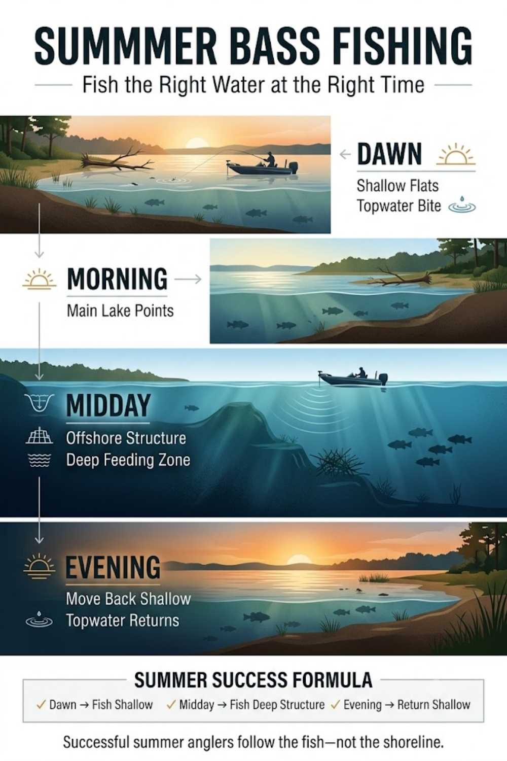 Summer bass activity windows — dawn topwater, midday offshore, and dusk topwater feeding periods