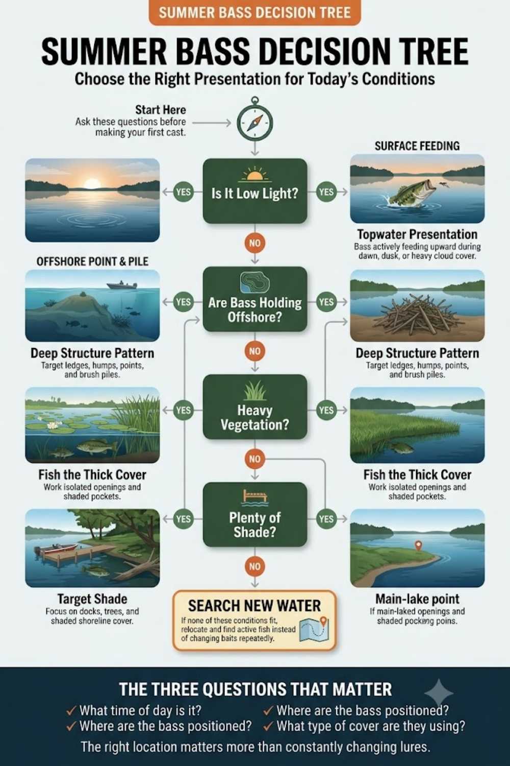 Summer bass lure decision tree — matching lure category to time of day, cover, and depth
