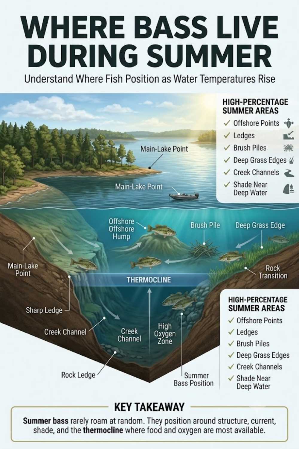 Where summer bass live — offshore ledges and humps, deep grass edges, shaded shallow cover, and current-driven ambush zones