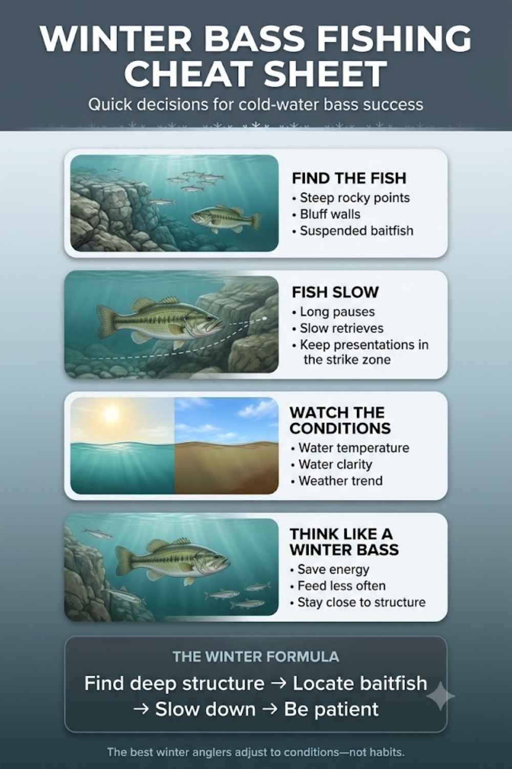 Best bass lures for winter cheat sheet showing jerkbaits, blade baits, spoons, hair jigs and football jigs by condition