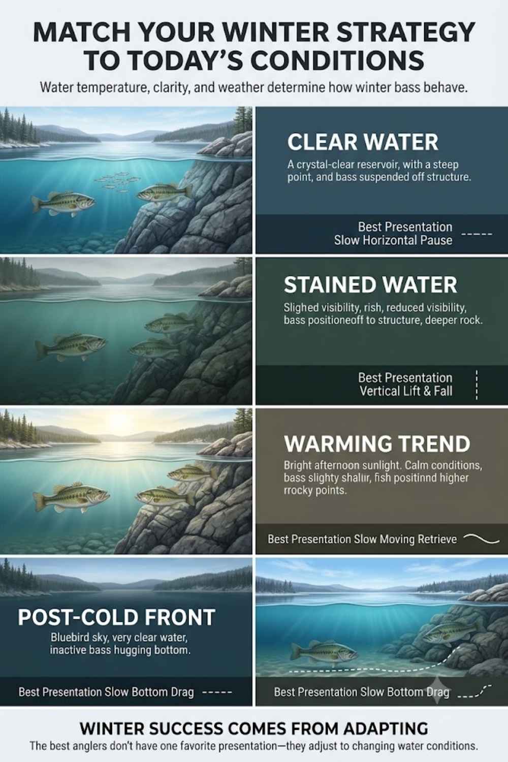 Chart matching winter bass fishing strategy to water temperature, clarity and weather trend for lure selection