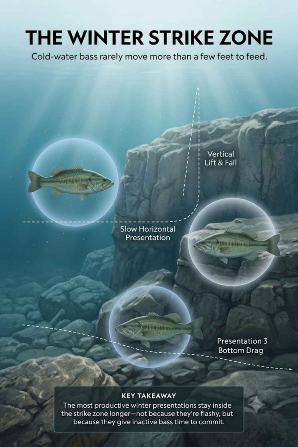 Diagram of the tight winter bass strike zone showing a suspending jerkbait pausing in front of a cold-water bass