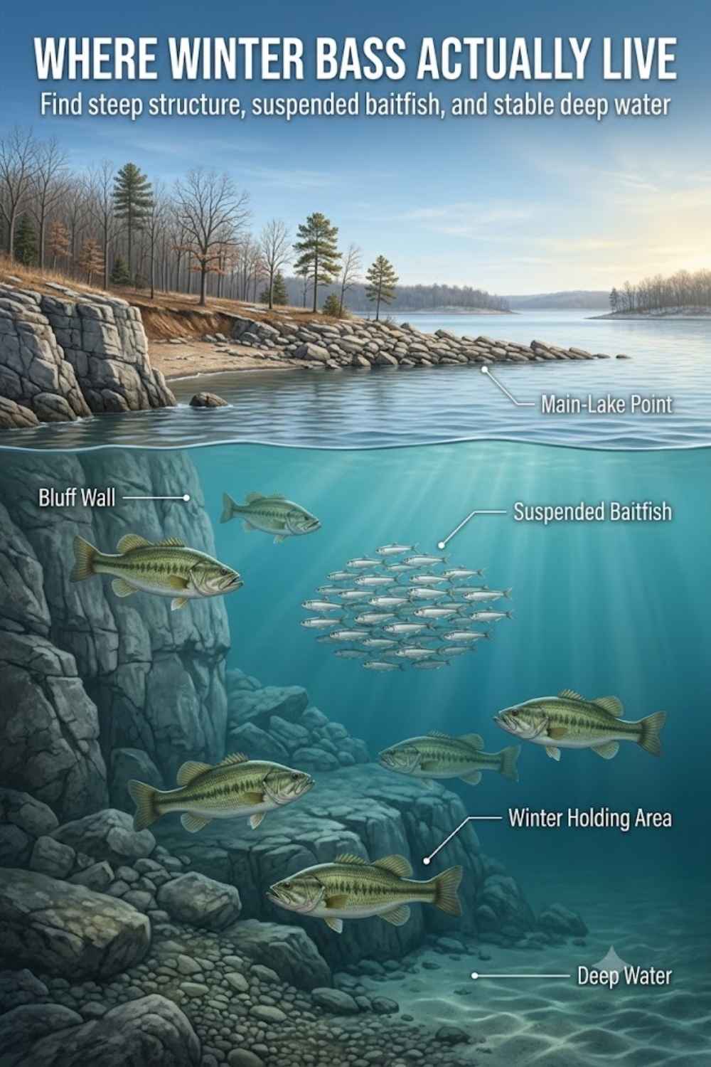 Illustration of where winter bass live — bluff walls, steep main-lake points, creek channel swings and deep riprap