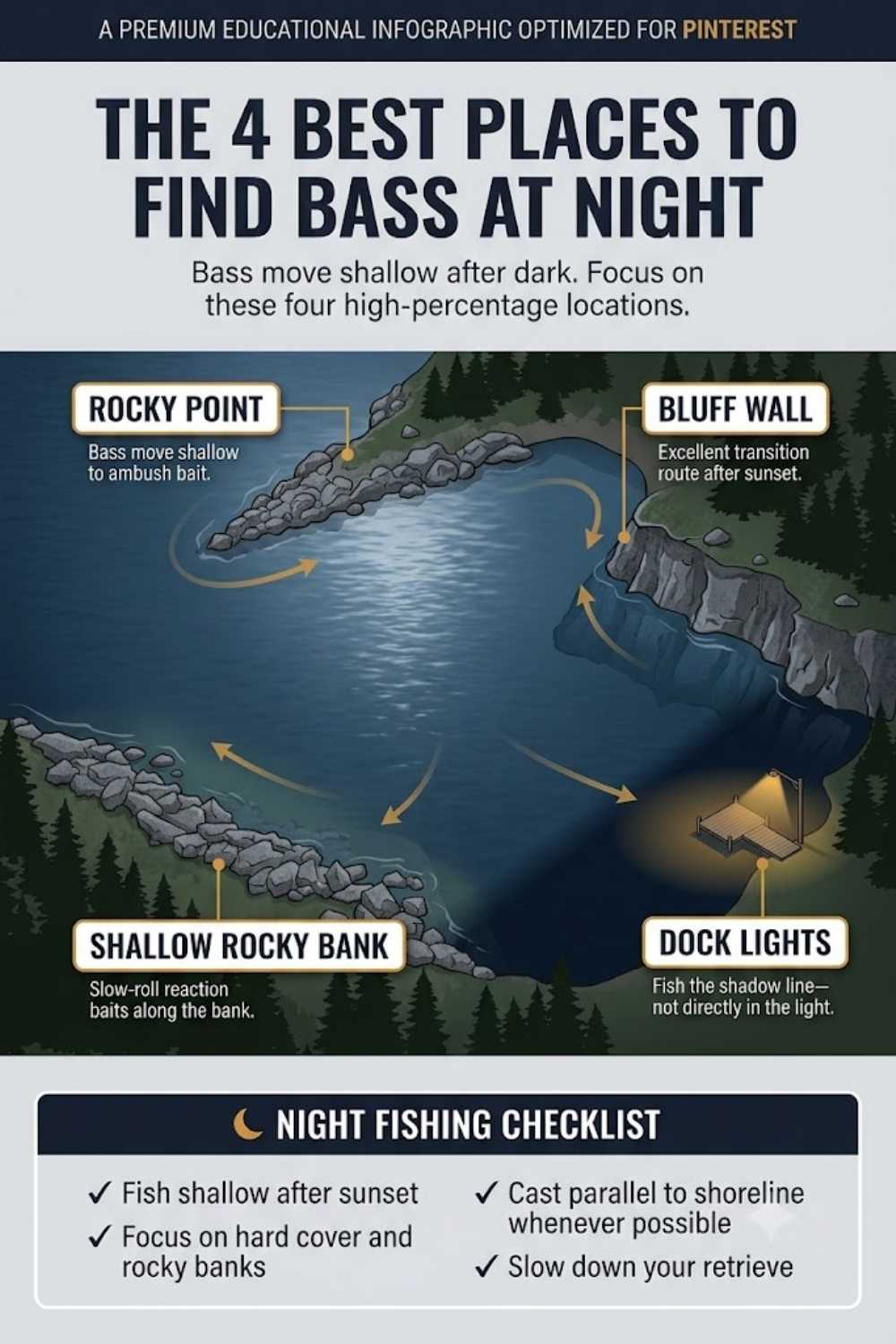 Best locations for night bass fishing — main-lake rocky points, bluff walls, and shallow rocky banks