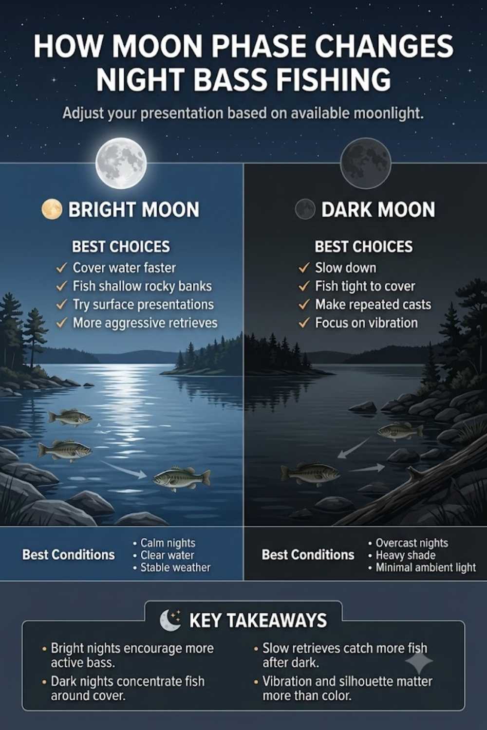 Moon phase and night bass fishing — how bright and dark moon phases change bass positioning and lure choice