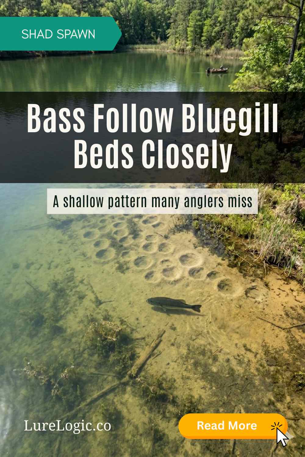 Largemouth bass cruising near bluegill bedding area in calm water
