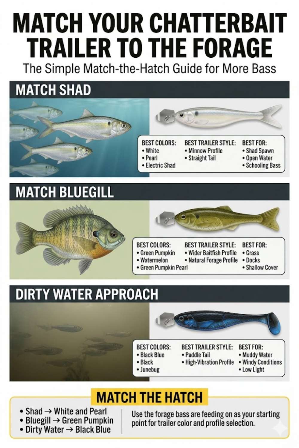 Chatterbait trailer forage matching guide for shad bluegill and herring bass fishing