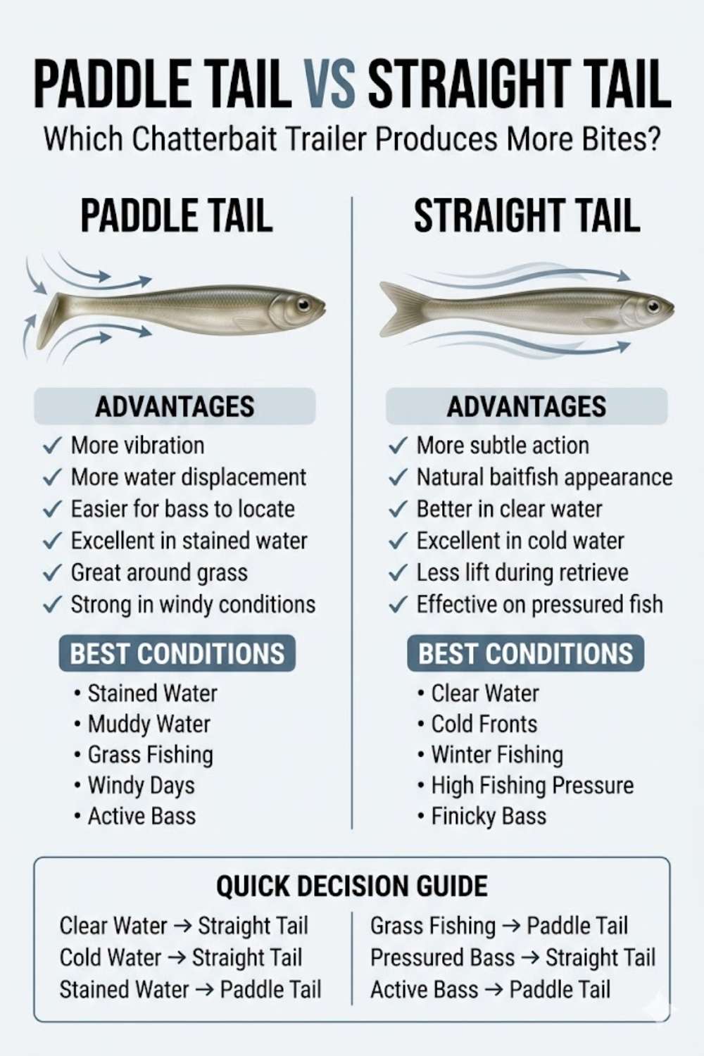 Paddle tail versus straight tail chatterbait trailer comparison for bass fishing