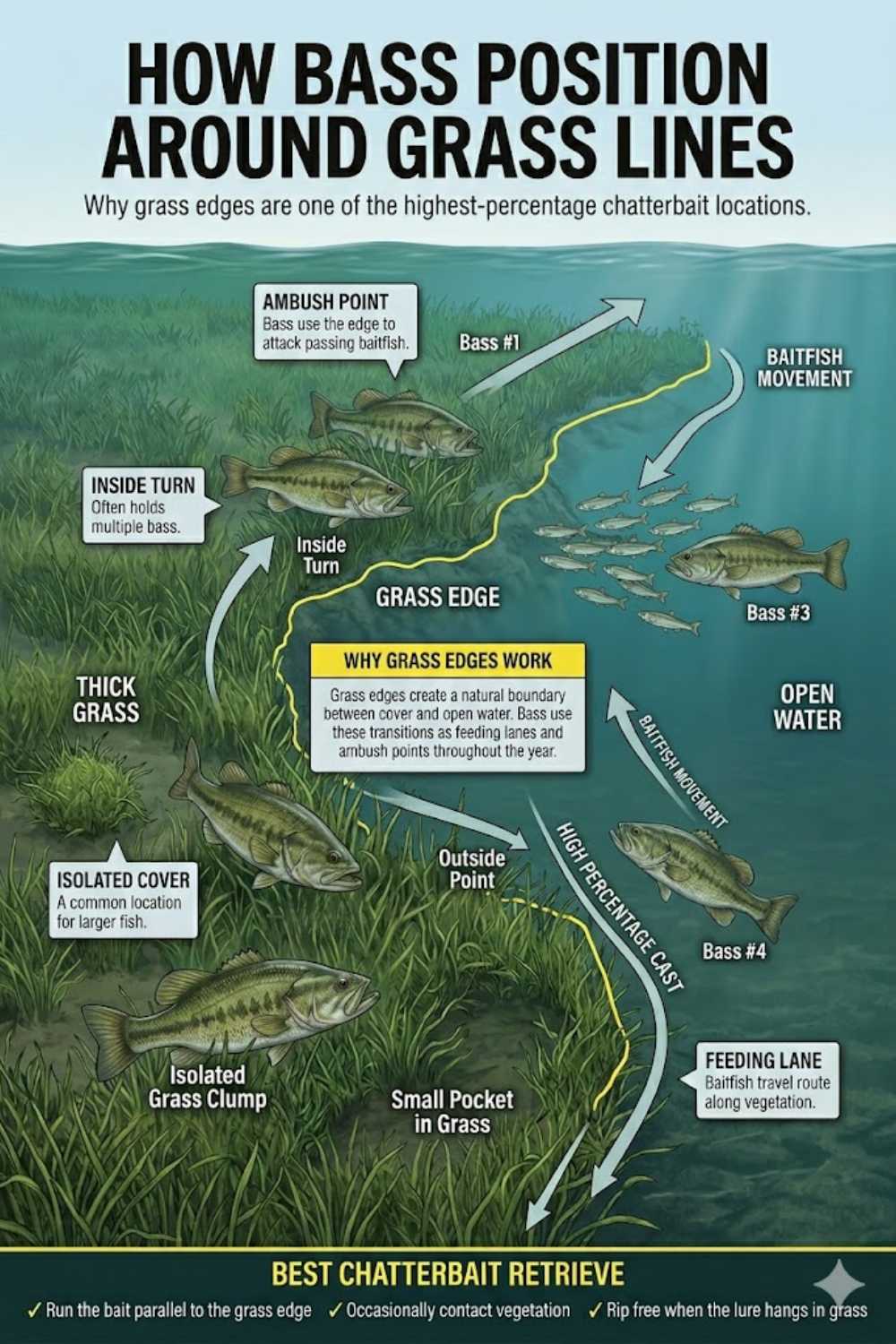 Bass positioning along submerged grass lines for chatterbait fishing