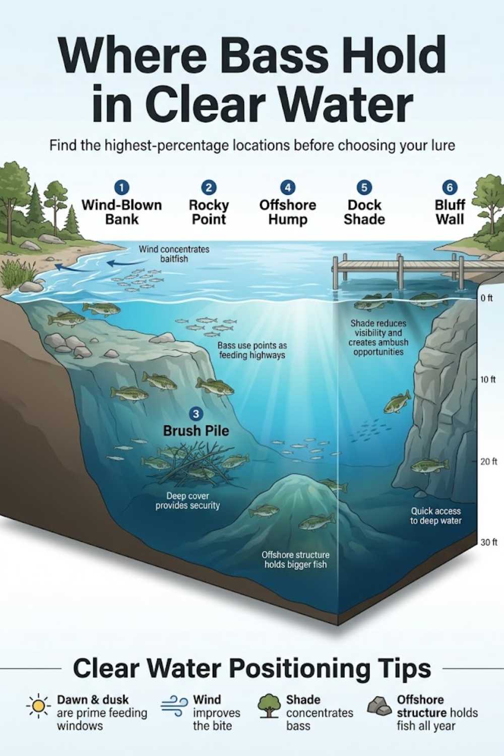 Best locations for clear water bass on offshore structure, deep cover, and shade lines