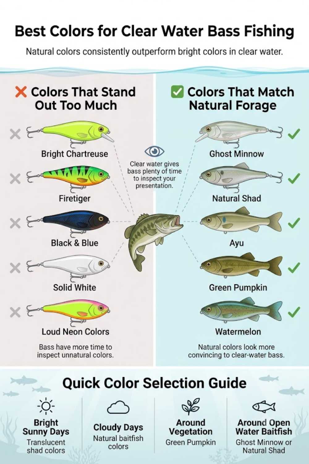 Clear water bass lure color guide with natural baitfish patterns and downsized profiles