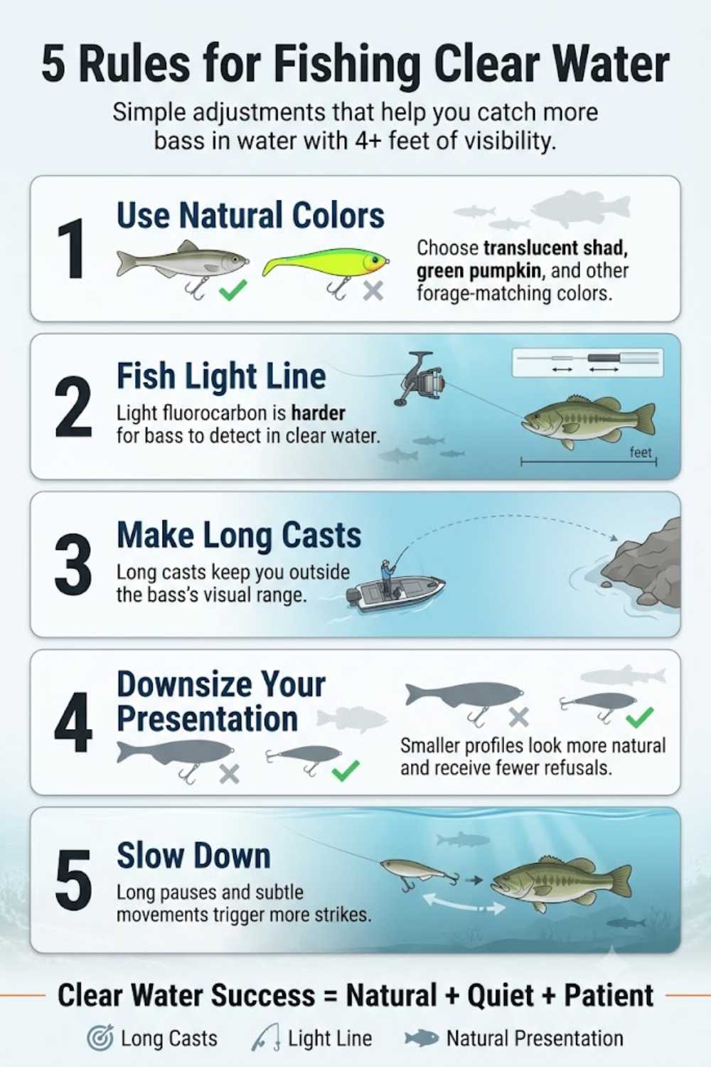 Clear water bass fishing rules for finesse baits, natural colors, and long casts