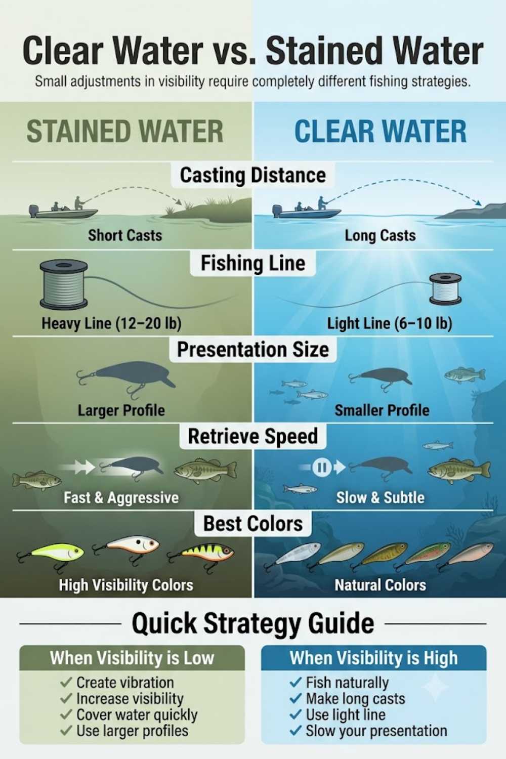 Clear water vs stained water bass fishing visibility and presentation comparison