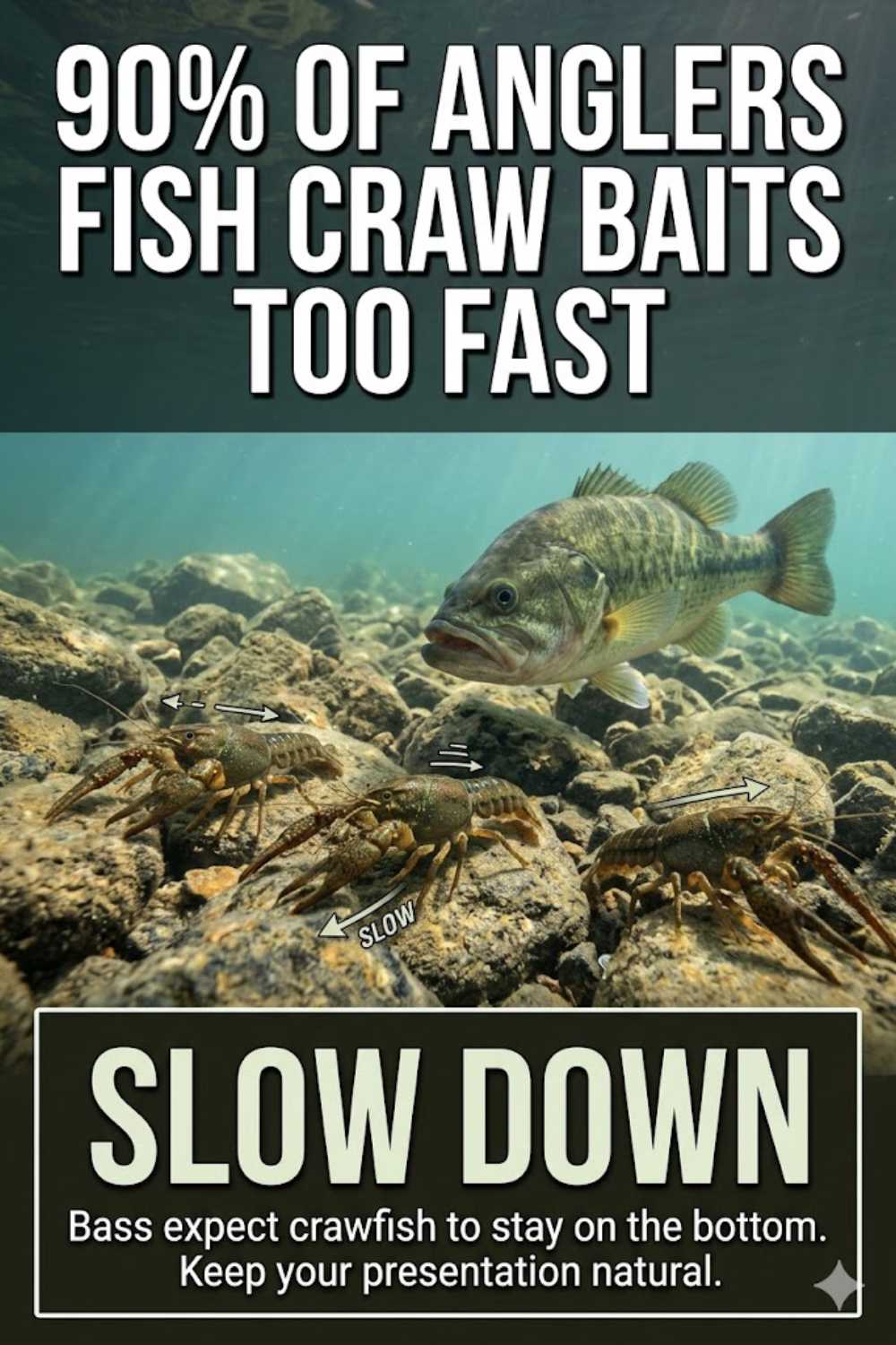 Illustration showing common mistakes anglers make when fishing crawfish lures for bass.