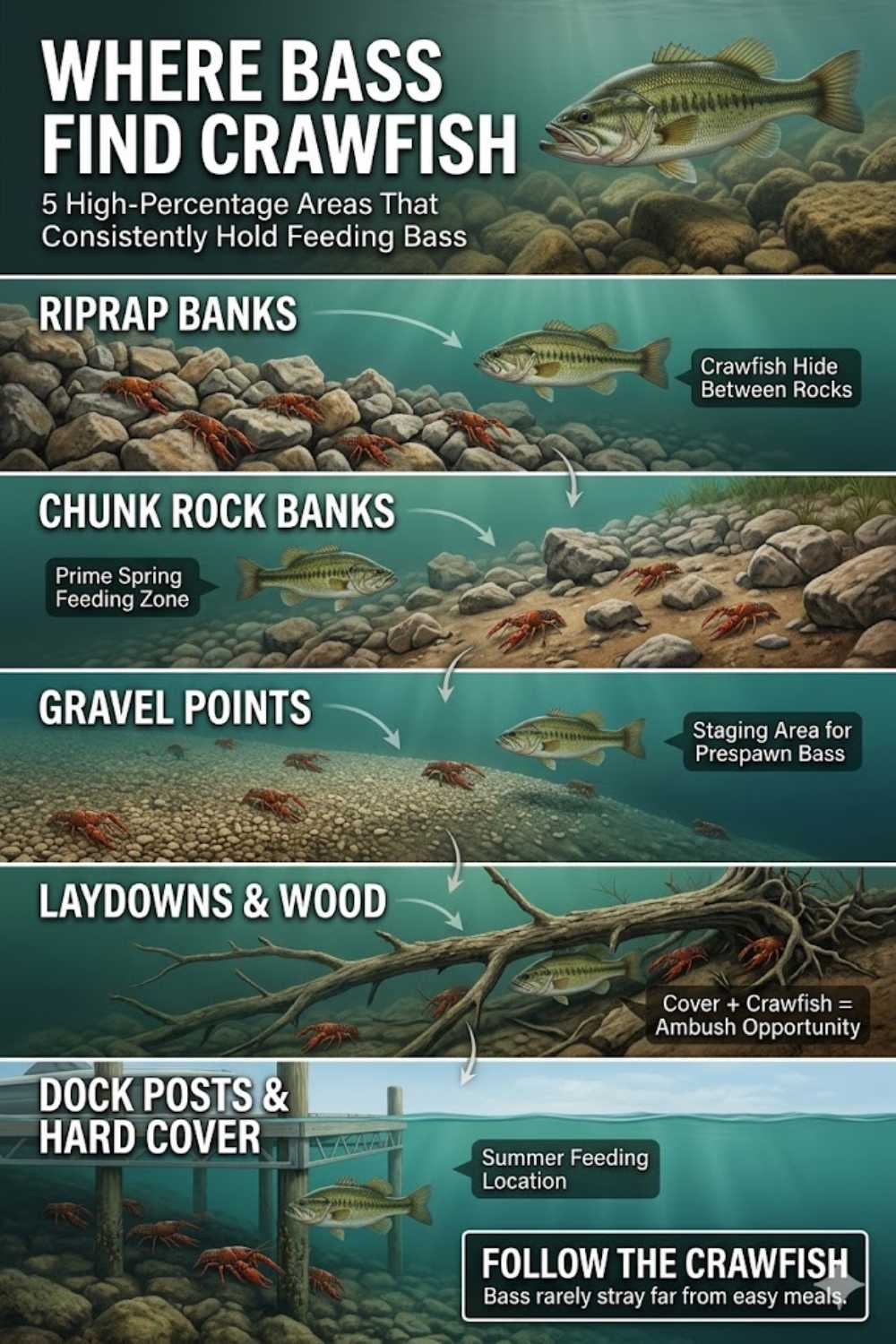 Diagram showing how bass target crawfish around rocks, wood, and bottom structure throughout the year.