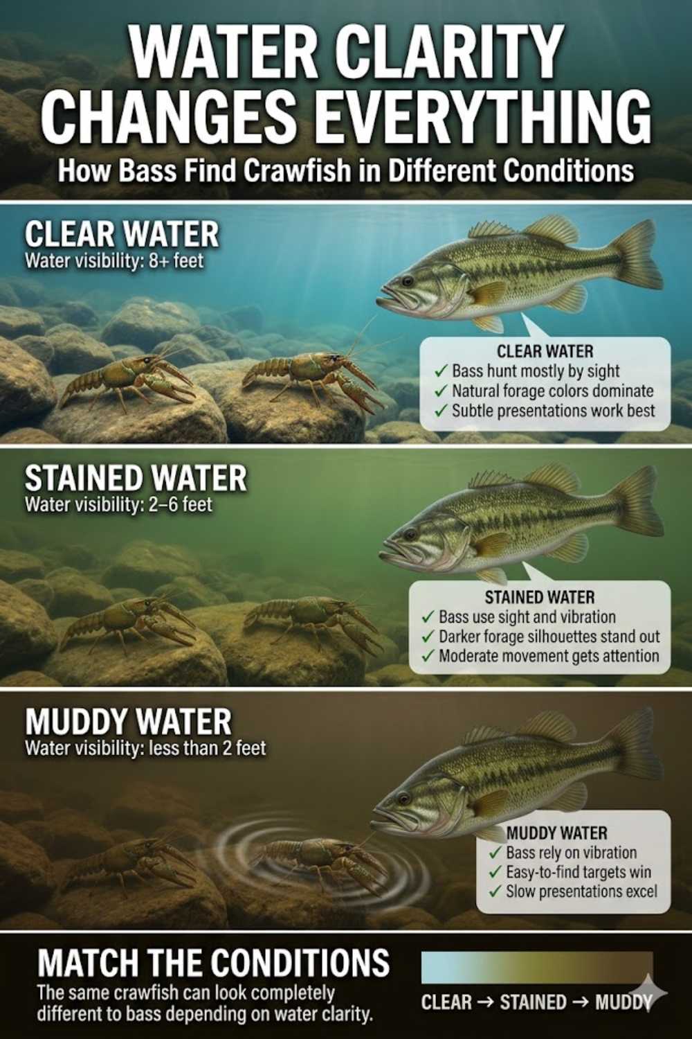 Comparison of effective crawfish lure colors and profiles for clear, stained, and muddy water conditions.