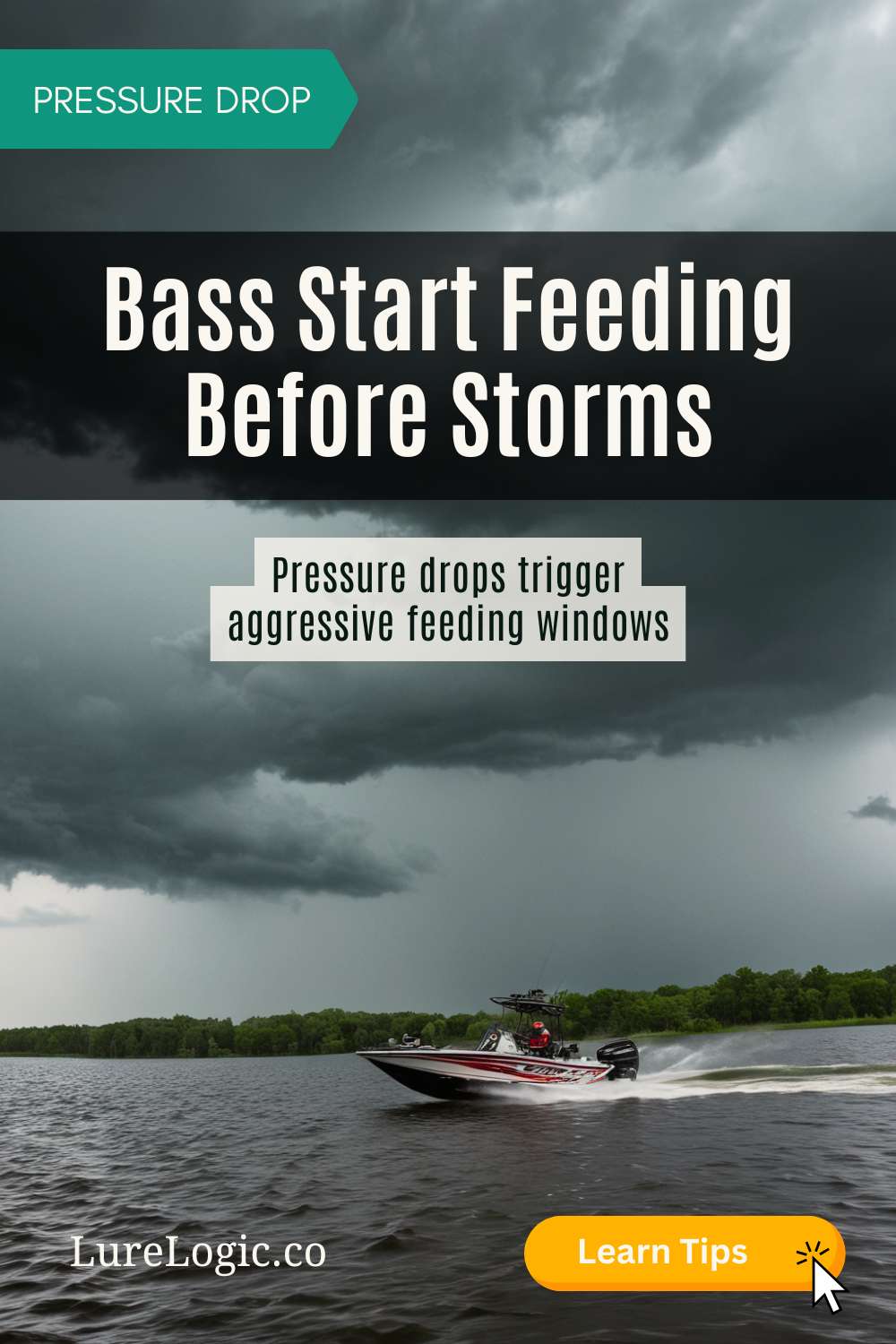 Bass boat fishing windy main lake point under dark storm clouds