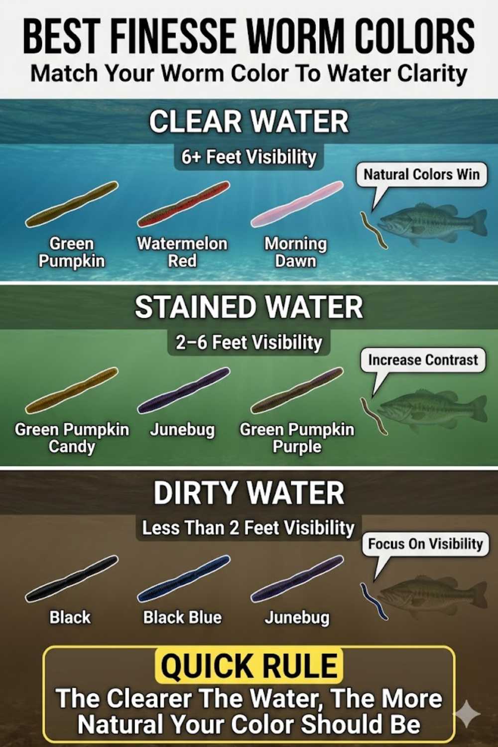 Comparison of popular finesse worm profiles used for bass fishing in clear and pressured conditions