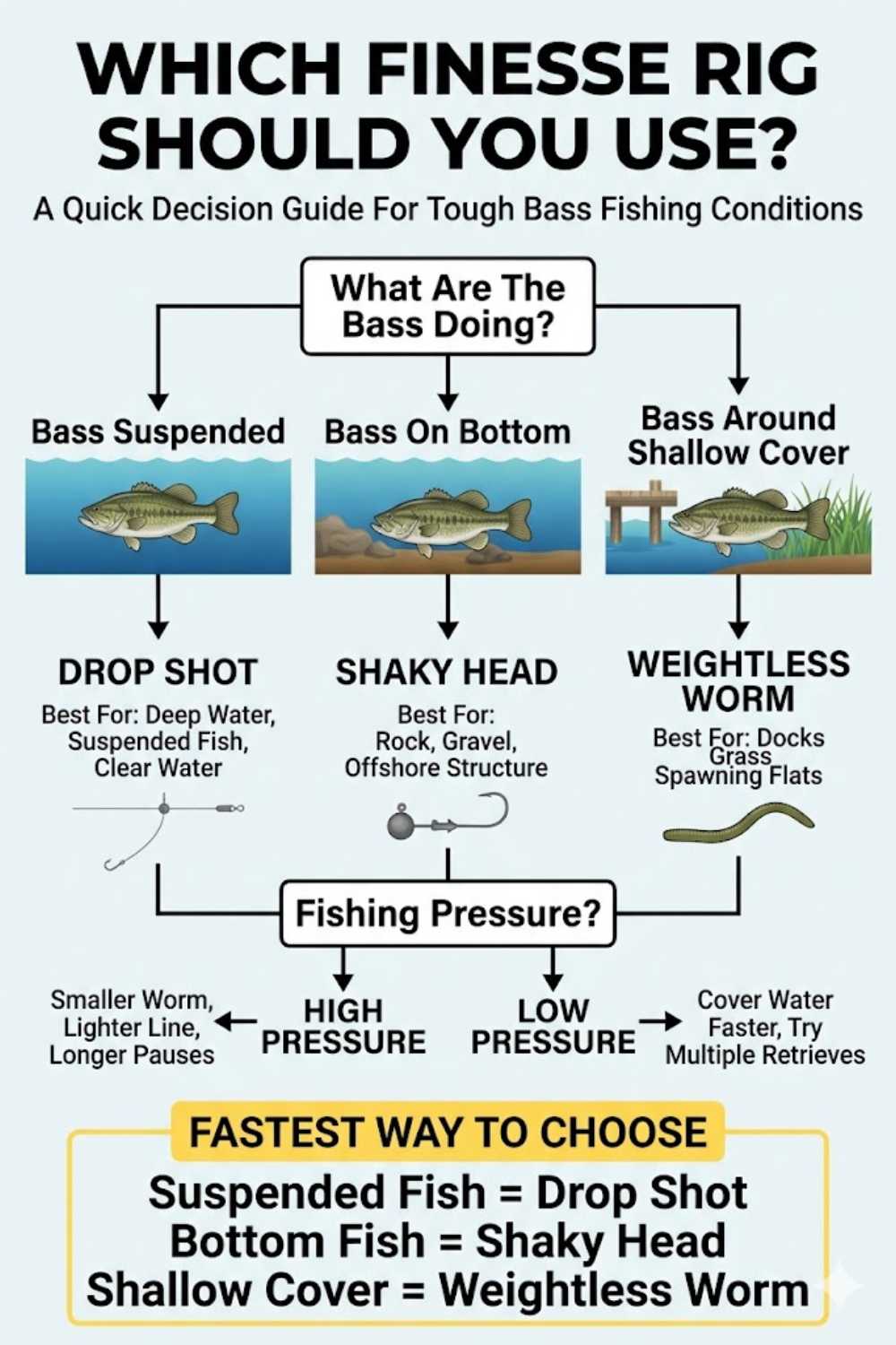 Decision tree showing how to select the best finesse worm for different bass fishing situations