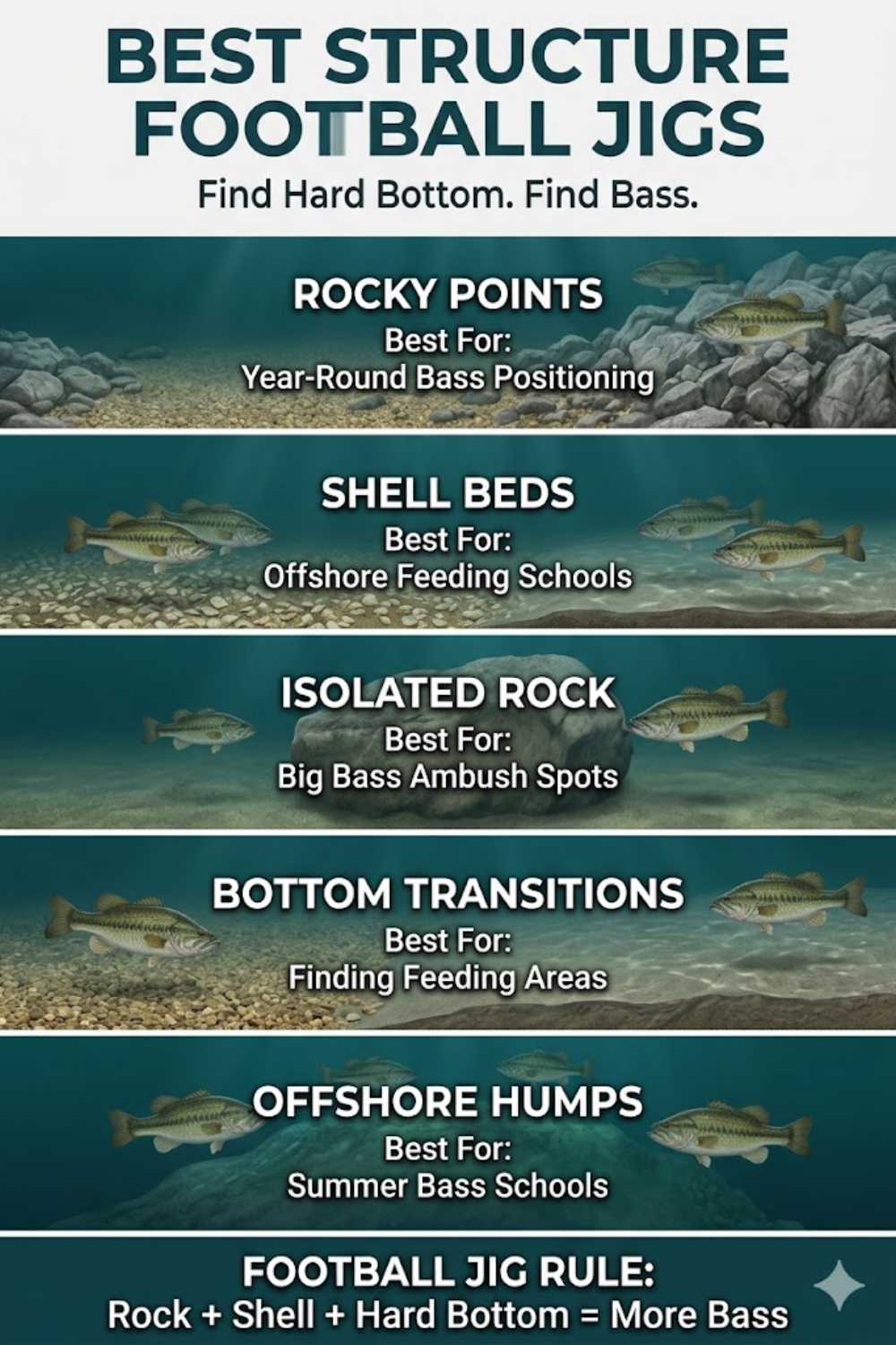 Football jig structure selection — points, humps, ledges, and shell beds for offshore bass fishing
