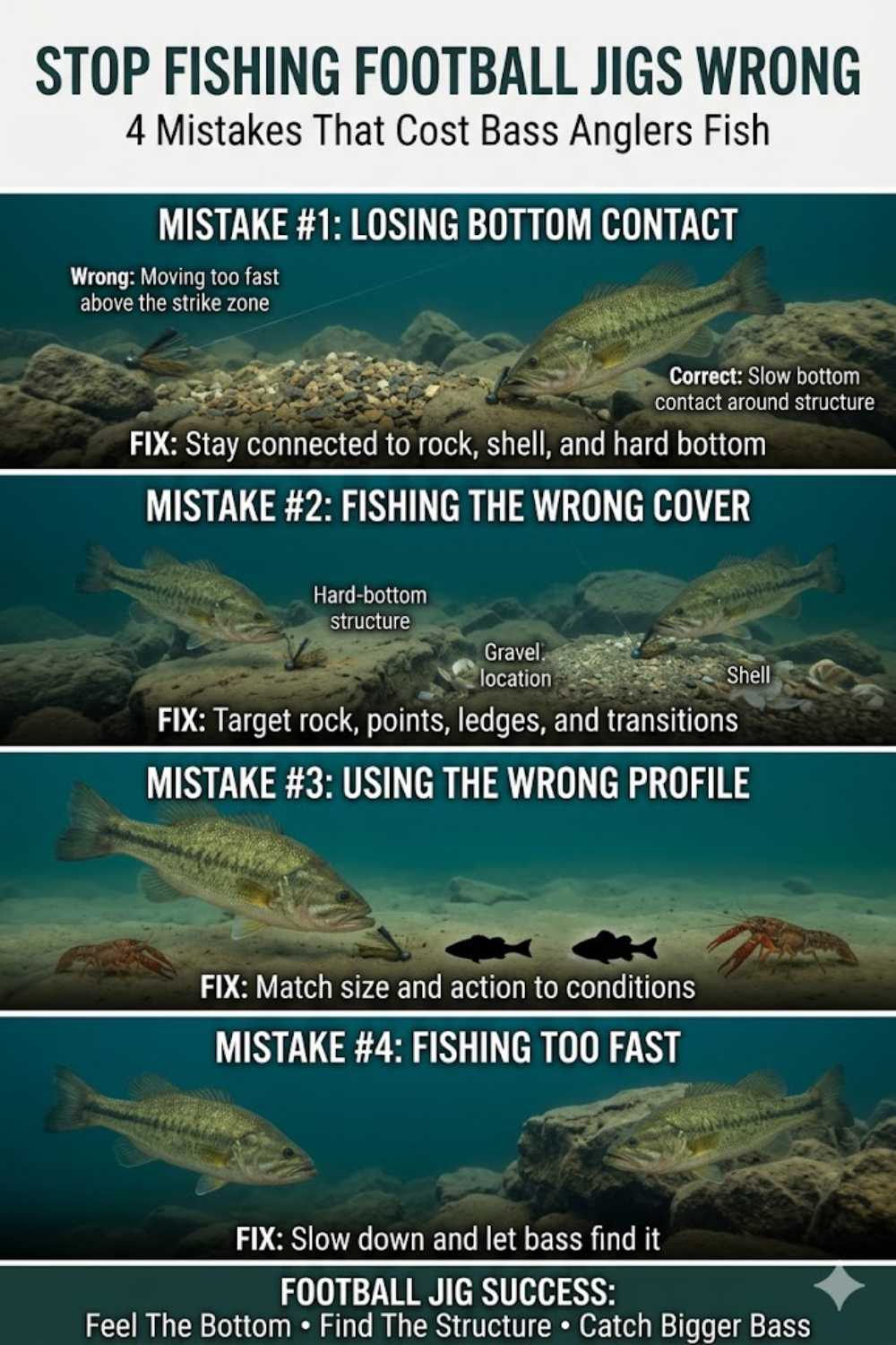 Common football jig mistakes — wrong cover, insufficient weight, and missed structure detail