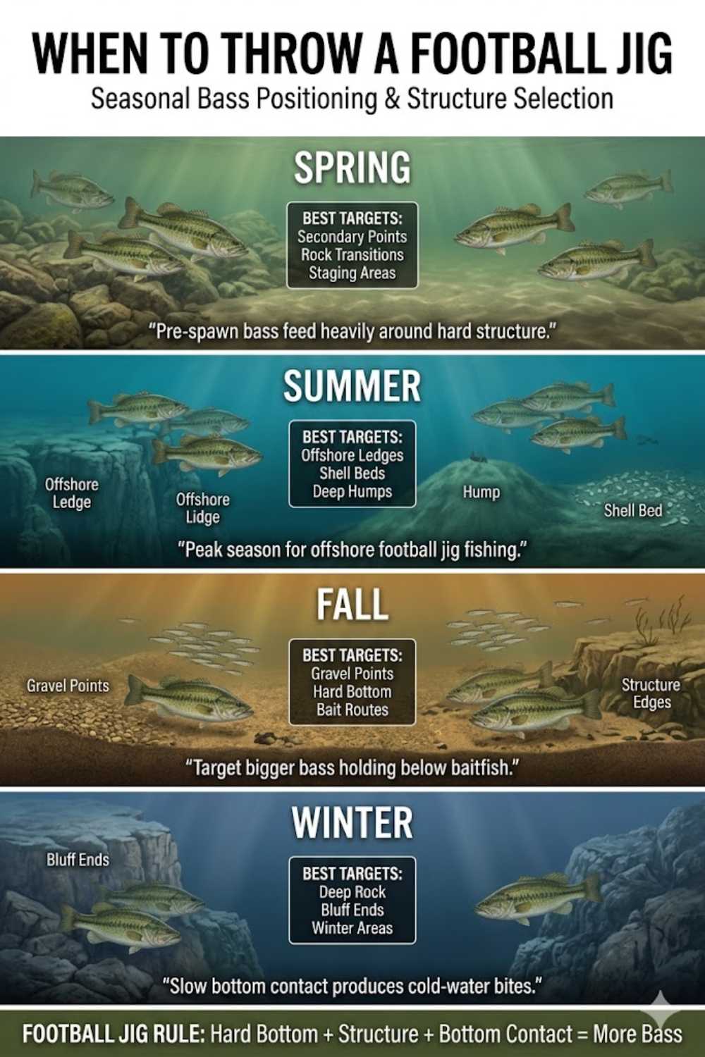 Seasonal football jig strategy — prespawn, postspawn, summer, fall, and winter presentations