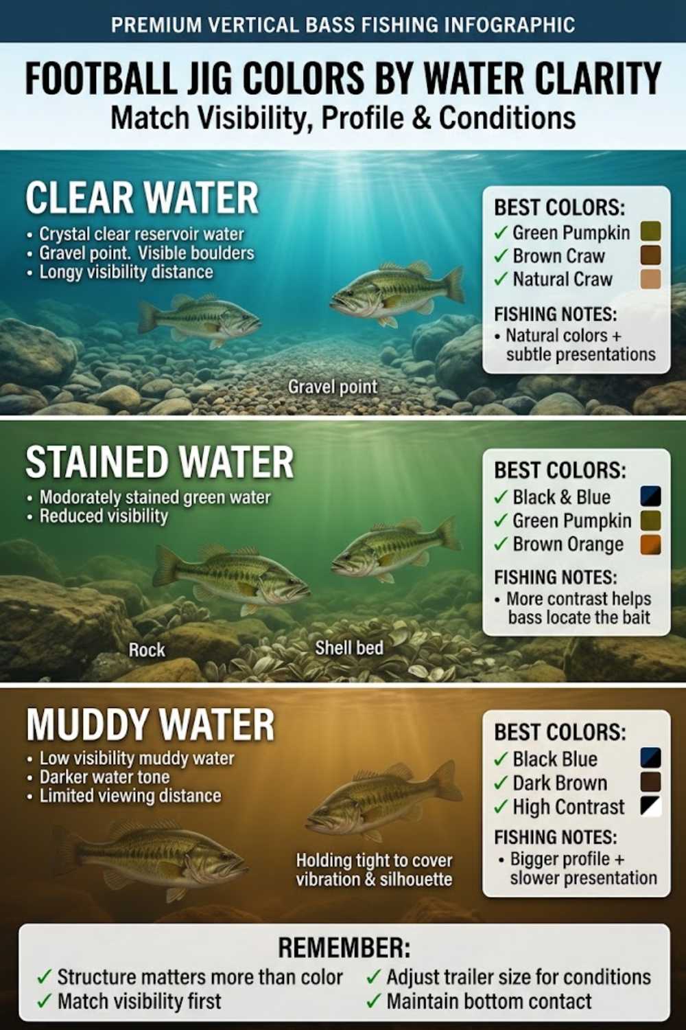 Football jig color selection by water clarity — clear, stained, and muddy water bass fishing
