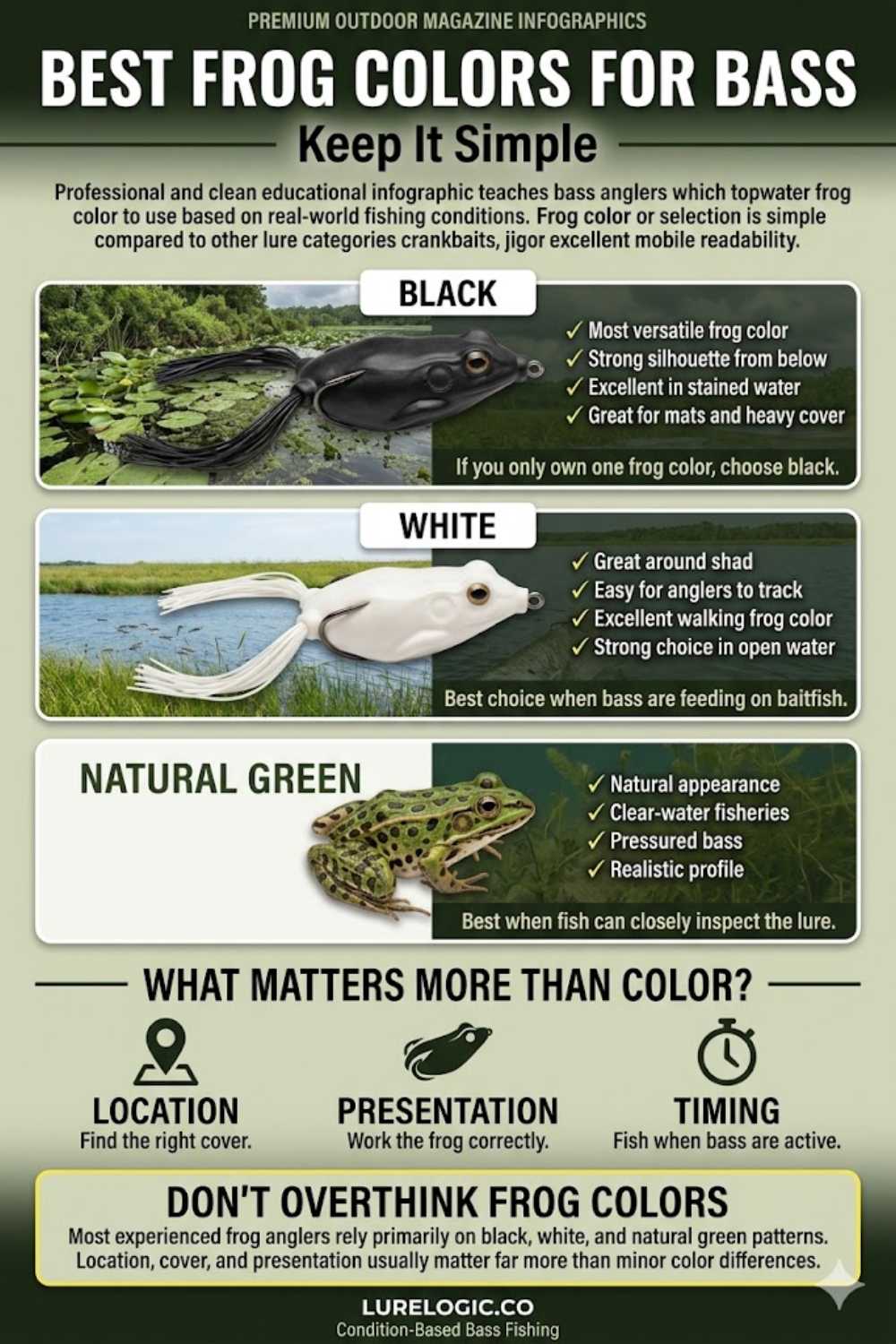 Topwater frog color selection chart by water clarity and forage for bass fishing