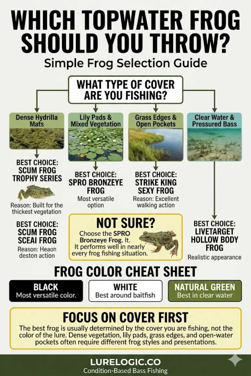 Topwater frog selection decision tree by cover and water clarity for bass fishing