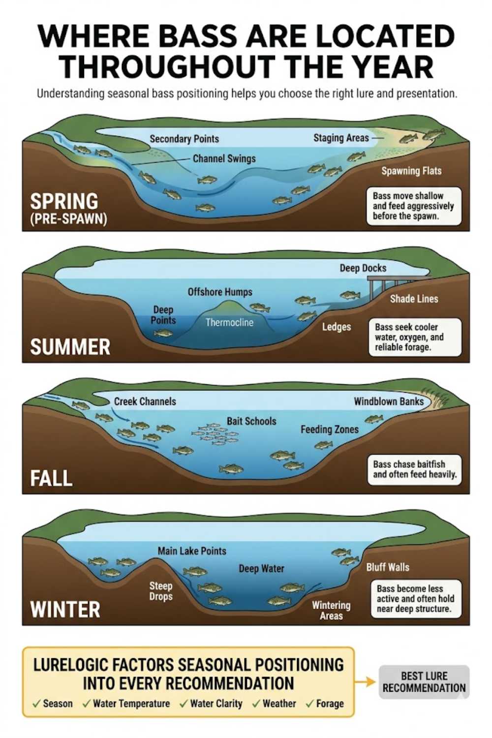 Seasonal bass positioning diagram showing common bass locations during spring, summer, fall, and winter.