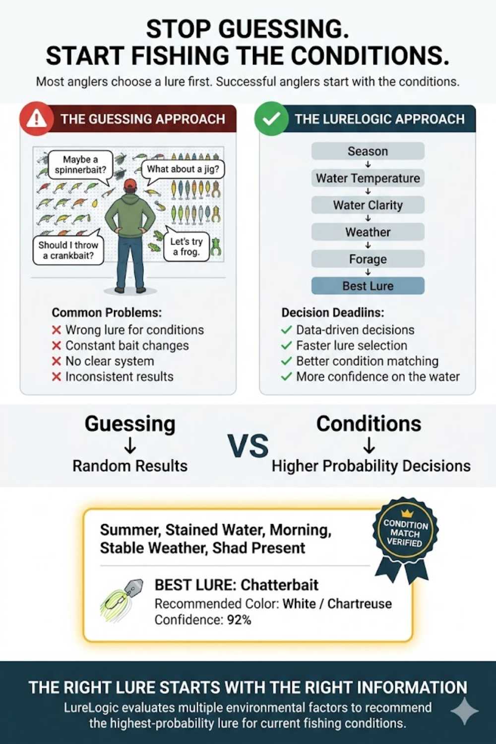 Comparison showing guessing lure selection versus choosing lures based on fishing conditions.