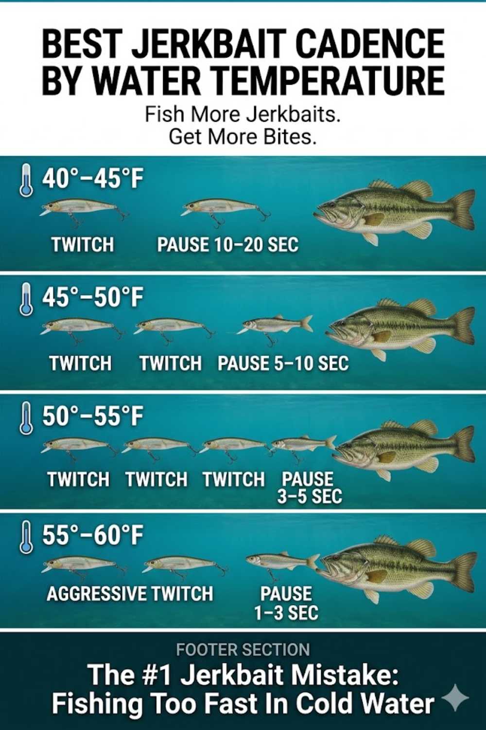 Jerkbait retrieval speed and pause length by season